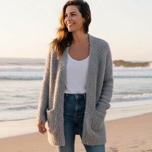 Debut Womens Open Fuzzy Eyelash Stretch Cardigan Sweater Sz L Pockets #231F